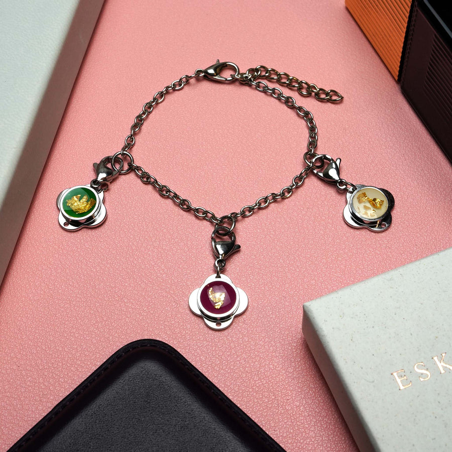 Folé Armband mit Anhängern / Grün, Weiß, Pink & Blattgold
